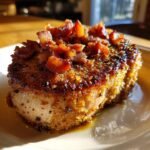 Close-up of a perfectly cooked Country Fried Pork Chops Bacon topped with crispy bacon bits.