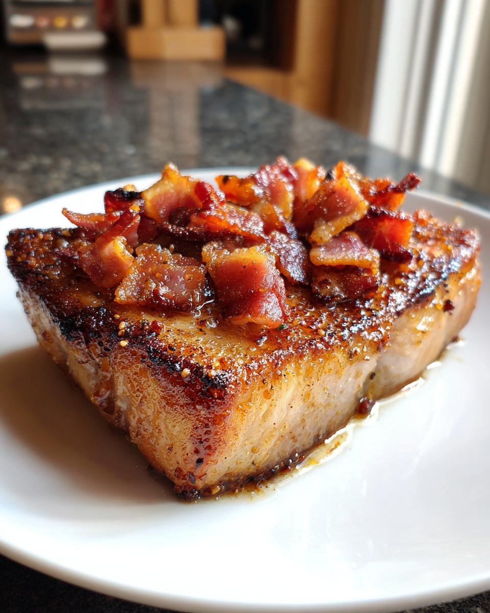 Close-up of a thick, seared Country Fried Pork Chops Bacon topped generously with crispy bacon bits.