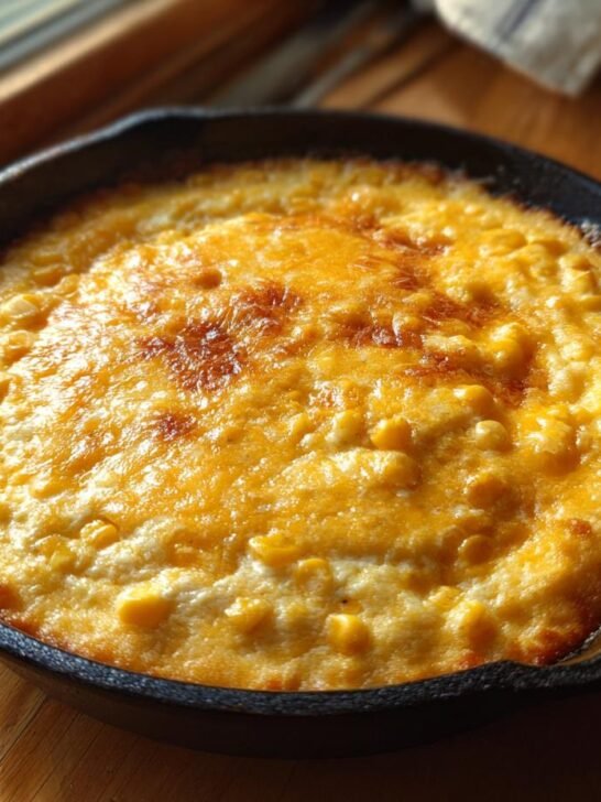 Close-up of hot Crack Corn Dip, bubbling with melted cheddar cheese, served in a black cast iron skillet.