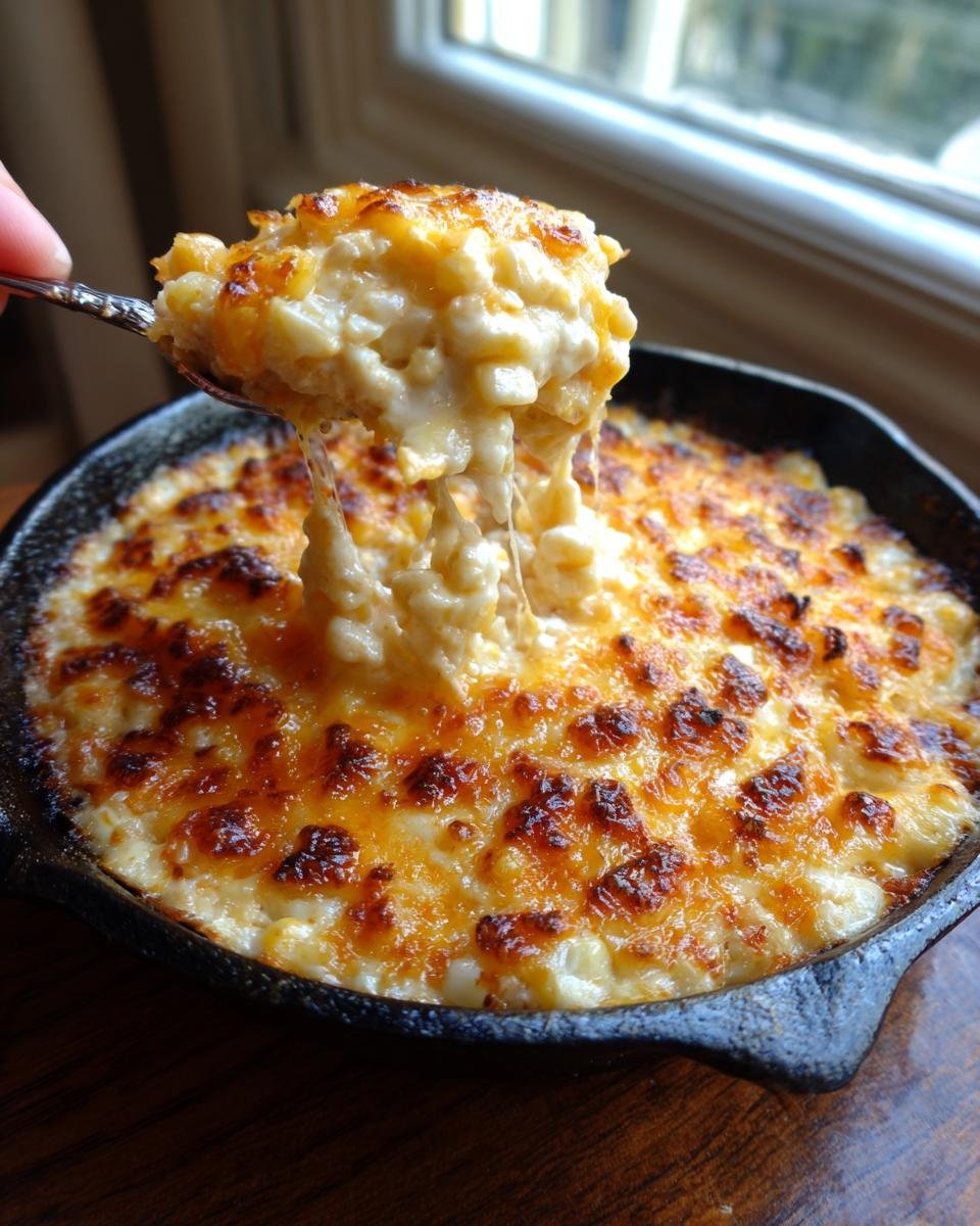 A spoonful of cheesy, bubbly Crack Corn Dip being lifted from a cast iron skillet.