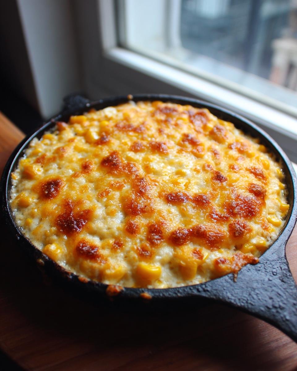 Close-up of hot Crack Corn Dip bubbling with melted, browned cheese in a black cast iron skillet.