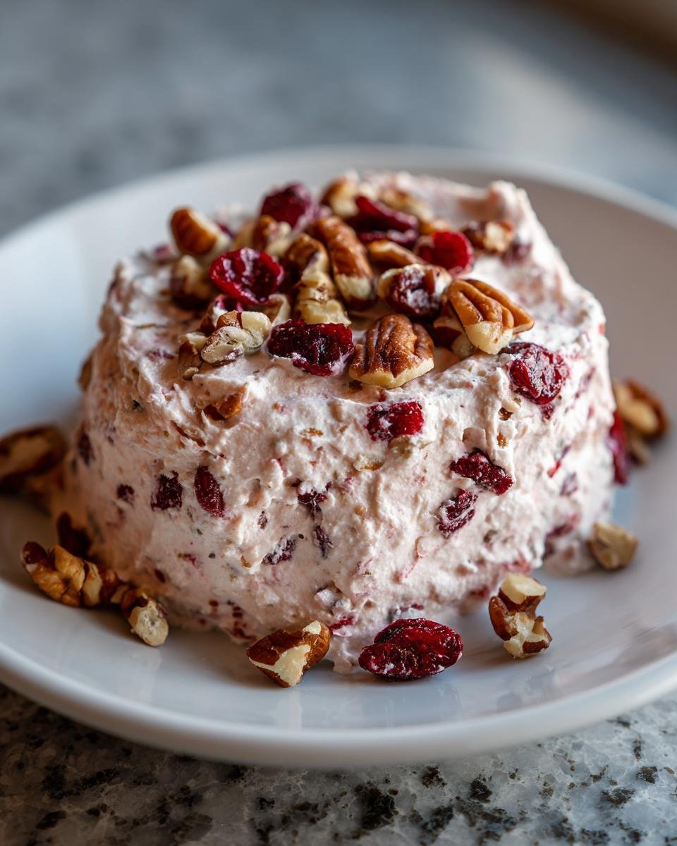 A molded serving of pink Cranberry Cream Cheese Dip topped generously with pecans and dried cranberries.
