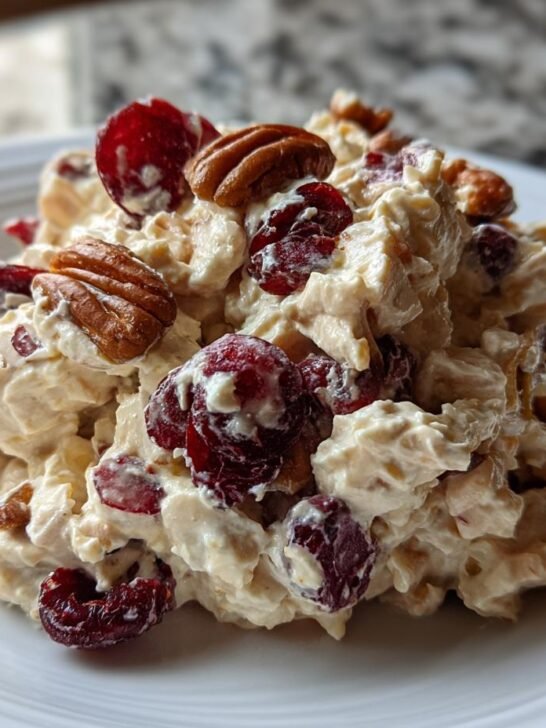 A mound of creamy Cranberry Pecan Chicken Salad topped with whole pecans and dried cranberries, served on a white plate.