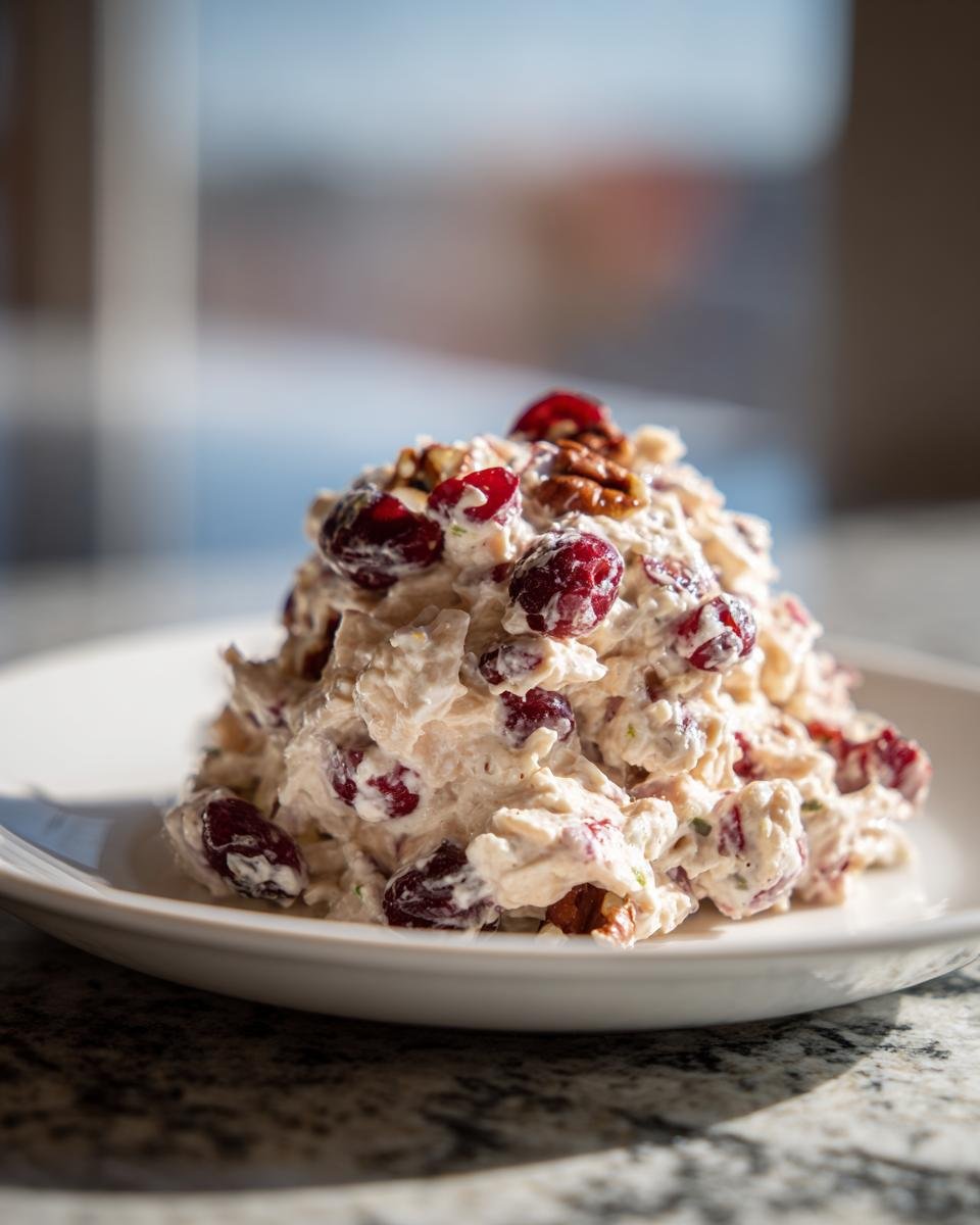 A scoop of creamy Cranberry Pecan Chicken Salad loaded with dried cranberries and pecans, served on a white plate.