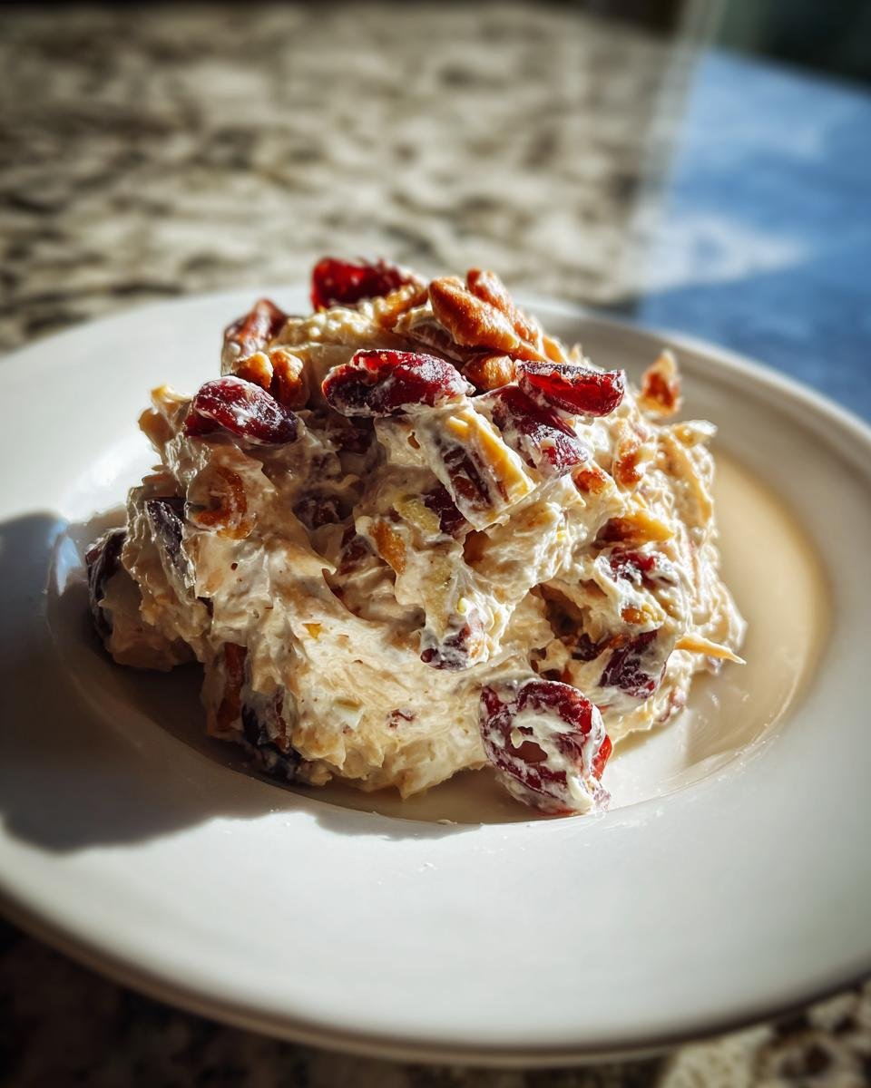 A scoop of creamy Cranberry Pecan Chicken Salad topped with dried cranberries and pecans on a white plate.