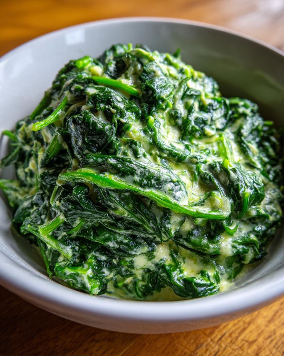 Close-up of creamy, bright green creamed frozen spinach served in a white bowl.