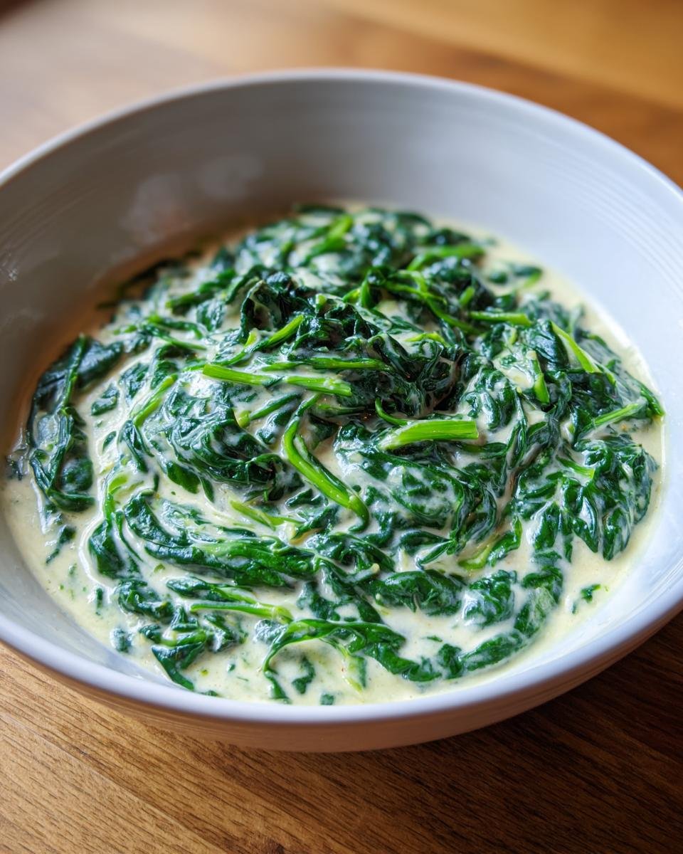 Close-up of creamed frozen spinach, vibrant green leaves coated in a rich white sauce, served in a light bowl.
