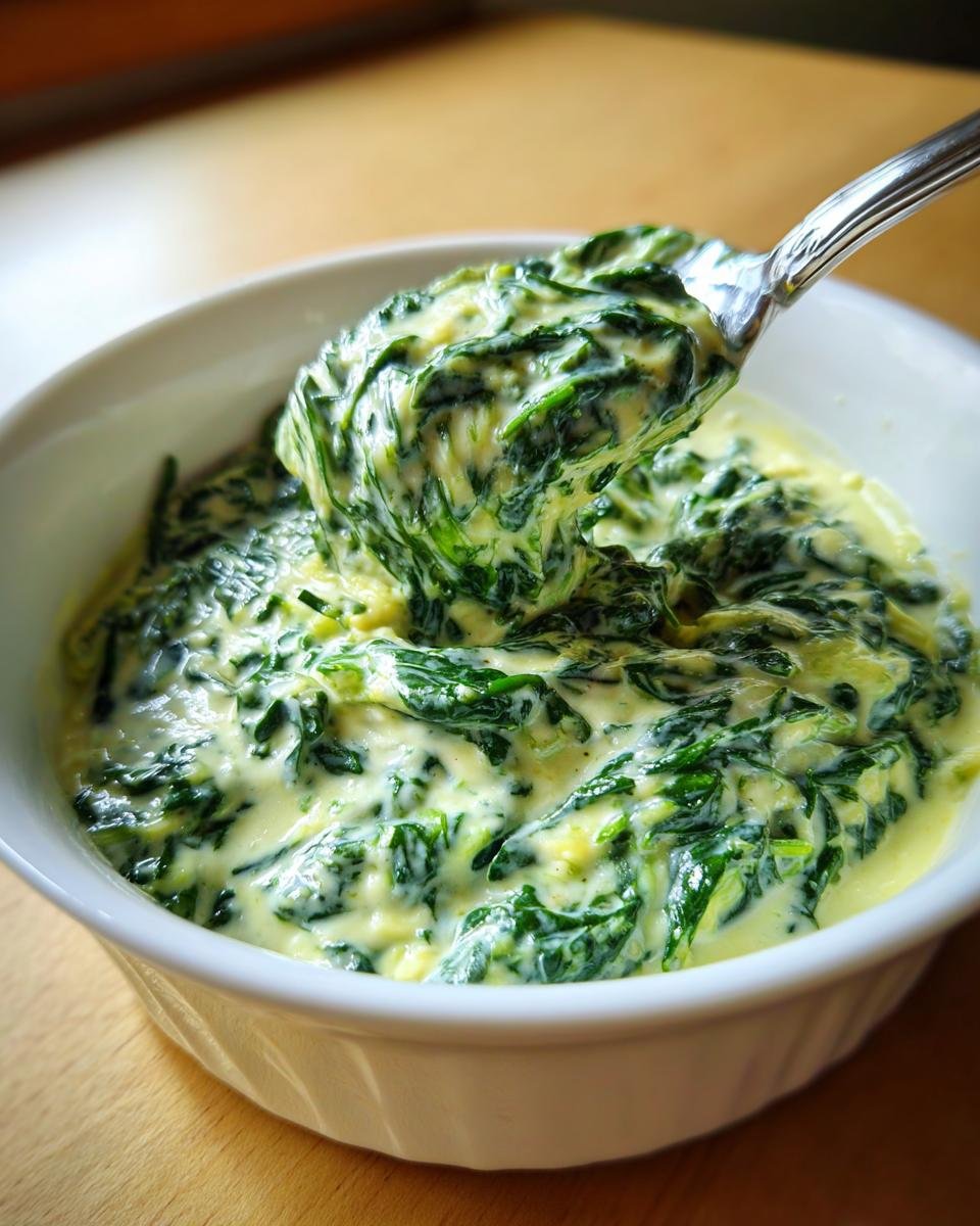 A spoonful of creamy, bright green creamed frozen spinach being lifted from a white bowl.