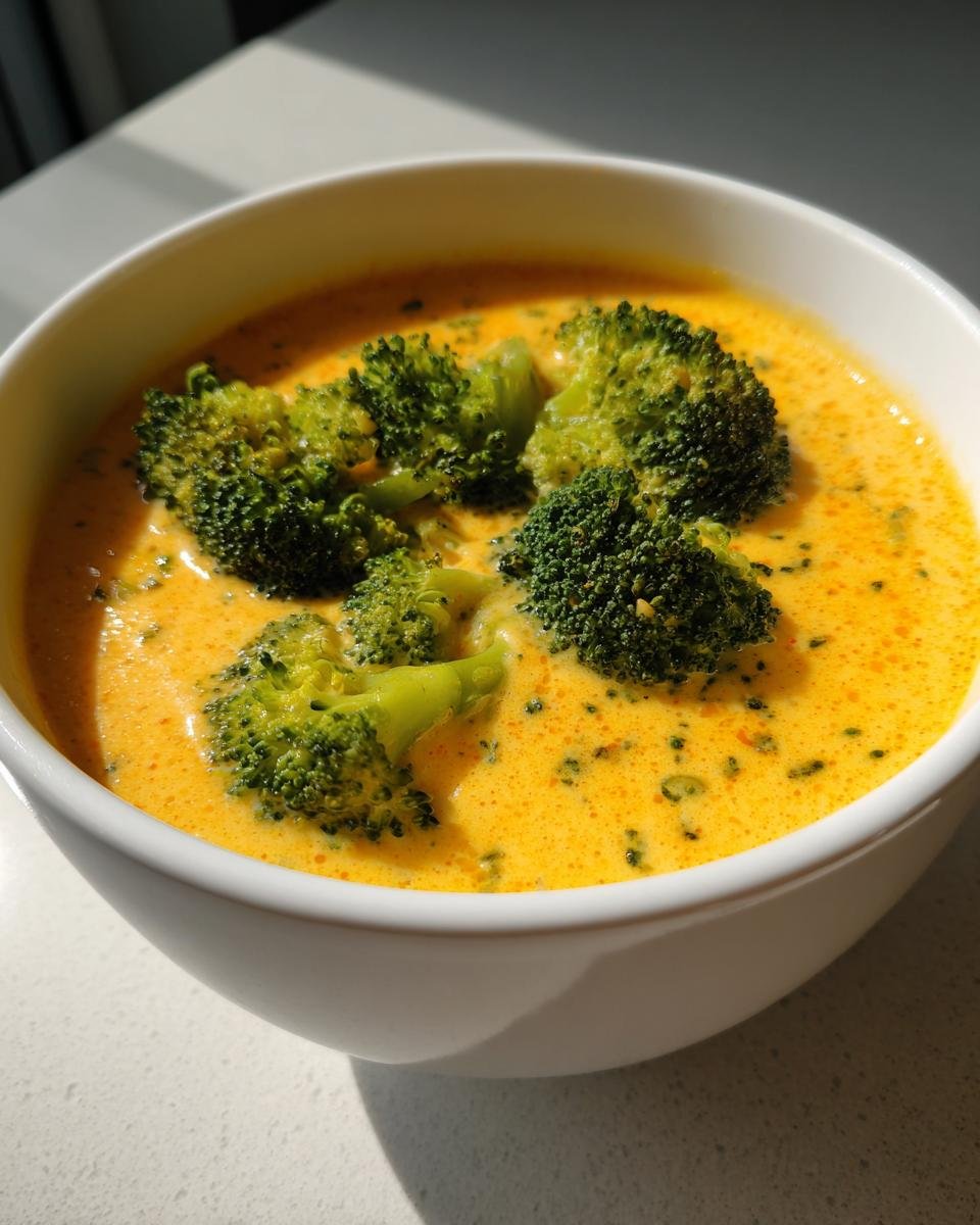 Close-up of a white bowl filled with bright orange Creamy Broccoli Cheddar Soup, topped with vibrant green broccoli florets.