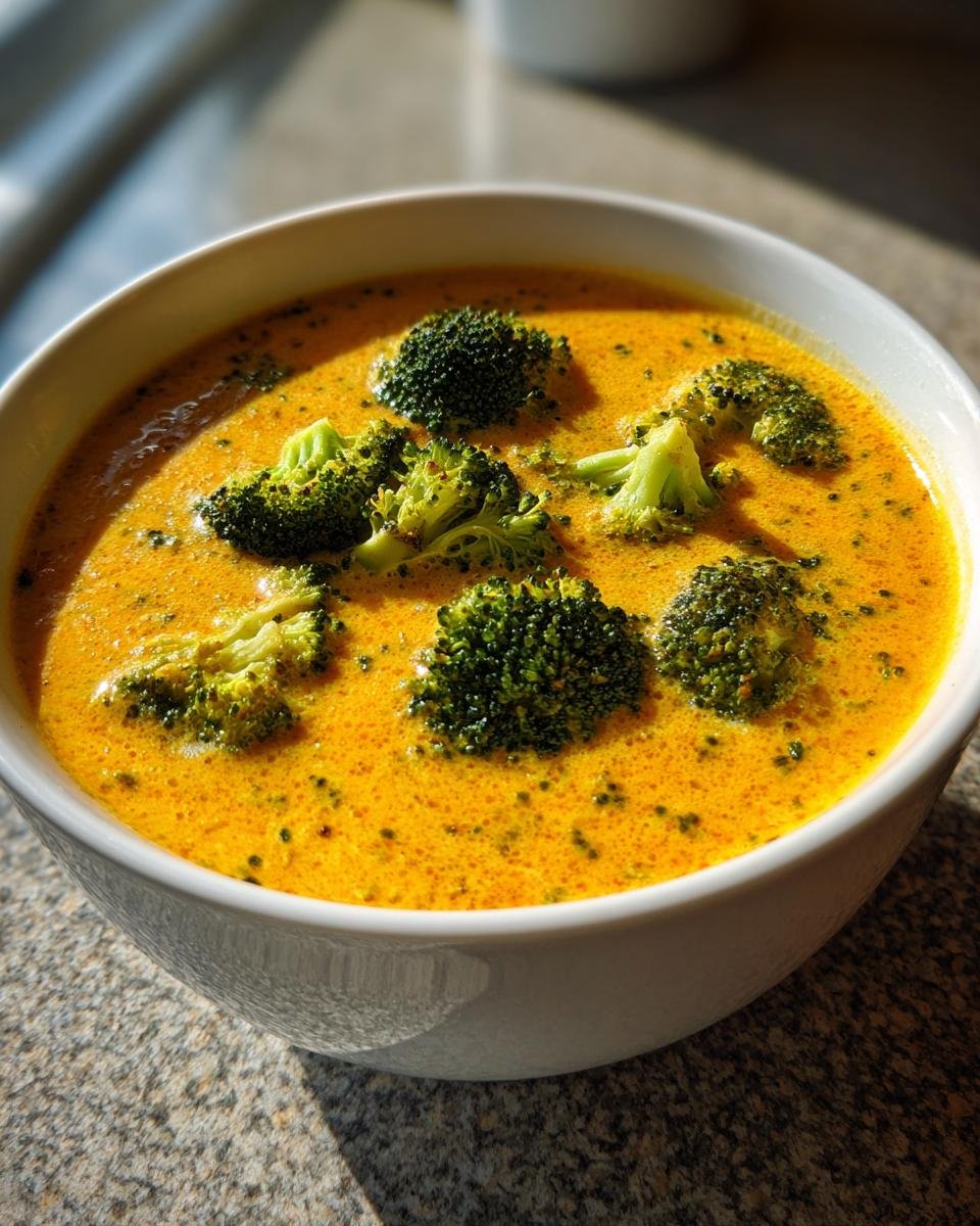 Close-up of a white bowl filled with rich, orange-yellow Creamy Broccoli Cheddar Soup topped with bright green broccoli florets.