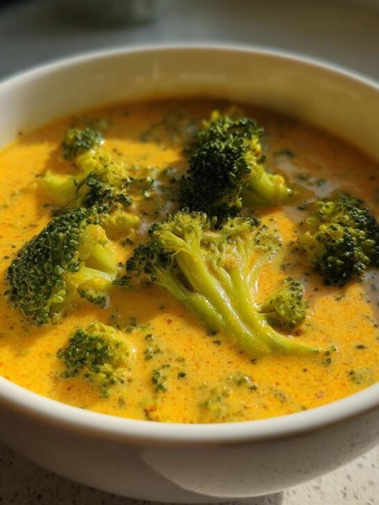 Close-up of a white bowl filled with bright orange Creamy Broccoli Cheddar Soup topped with large, vibrant green broccoli florets.