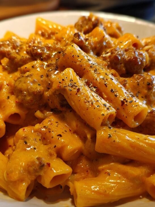 Close-up of rigatoni pasta coated in a rich, orange Creamy Butternut Squash Pasta With Sausage sauce.