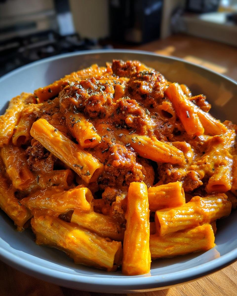 Close-up of a bowl filled with Creamy Butternut Squash Pasta With Sausage, featuring rigatoni pasta coated in an orange sauce and topped with crumbled sausage.