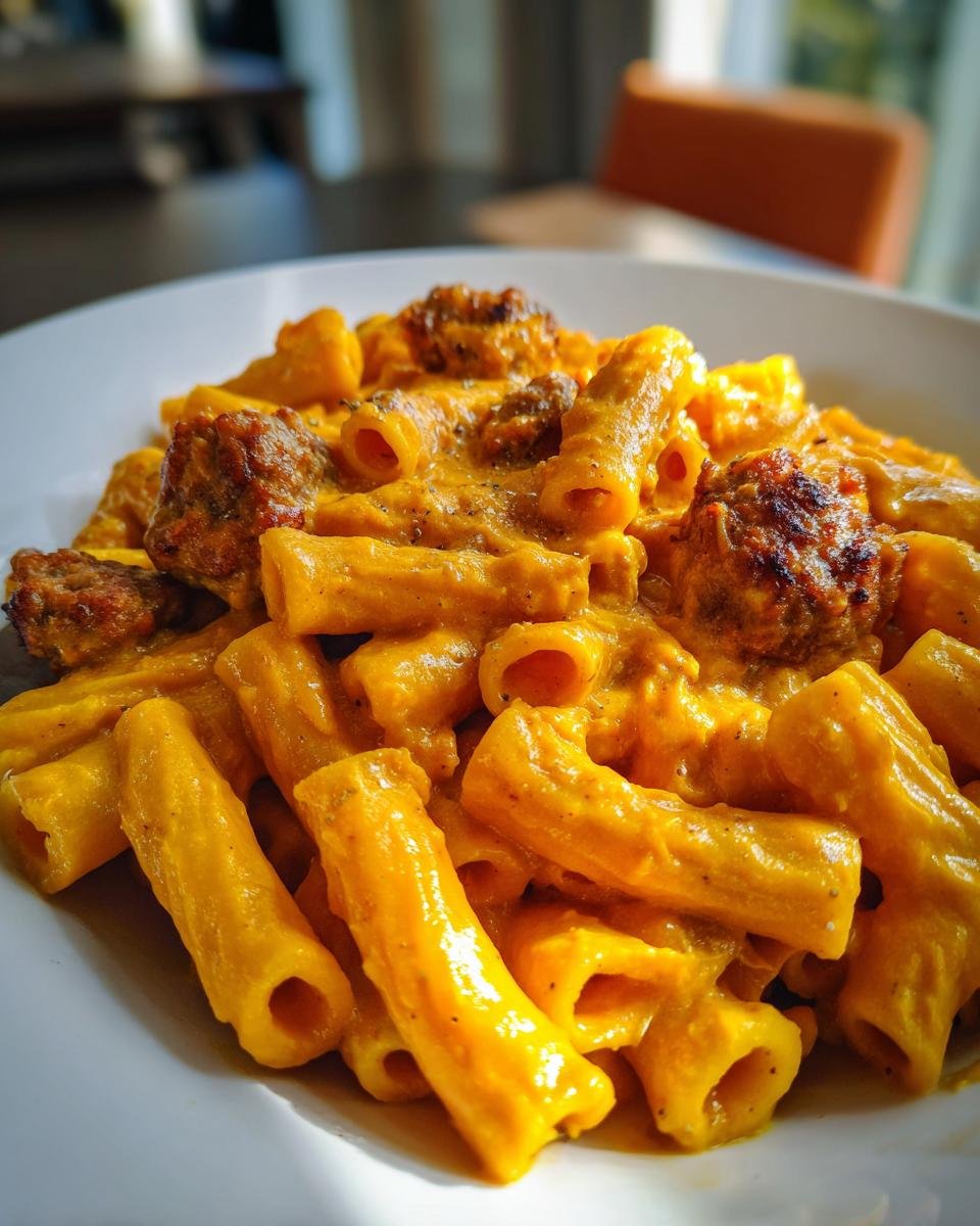 Close-up of rigatoni pasta coated in bright orange Creamy Butternut Squash Pasta With Sausage sauce, topped with browned sausage pieces.