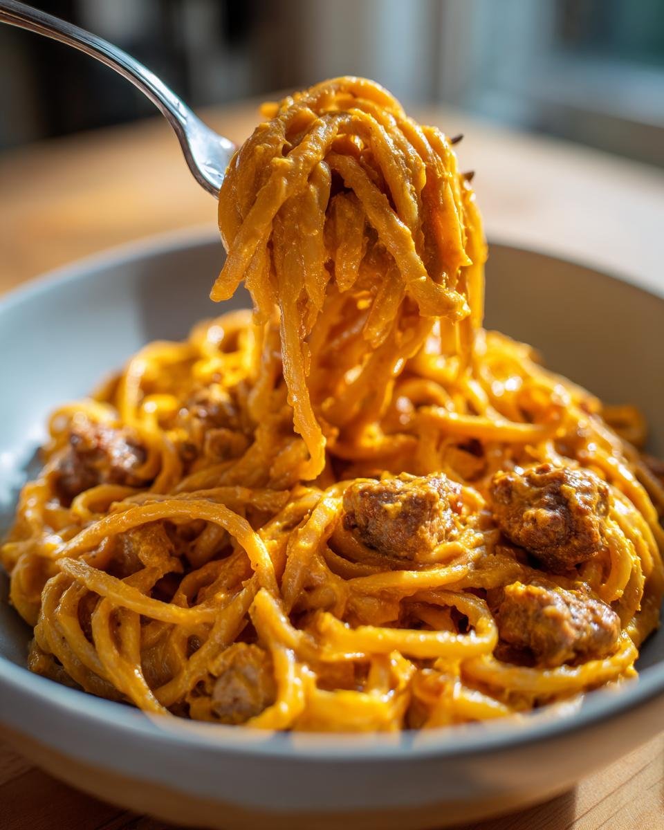 A fork lifting a generous portion of Creamy Butternut Squash Pasta With Sausage coated in a rich orange sauce.