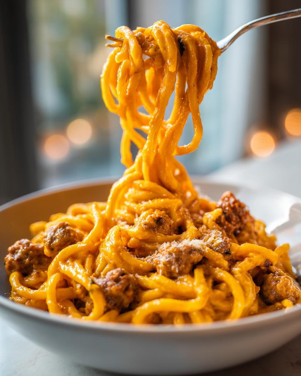 A fork lifting a twirl of spaghetti coated in creamy butternut squash sauce with sausage pieces from a bowl.