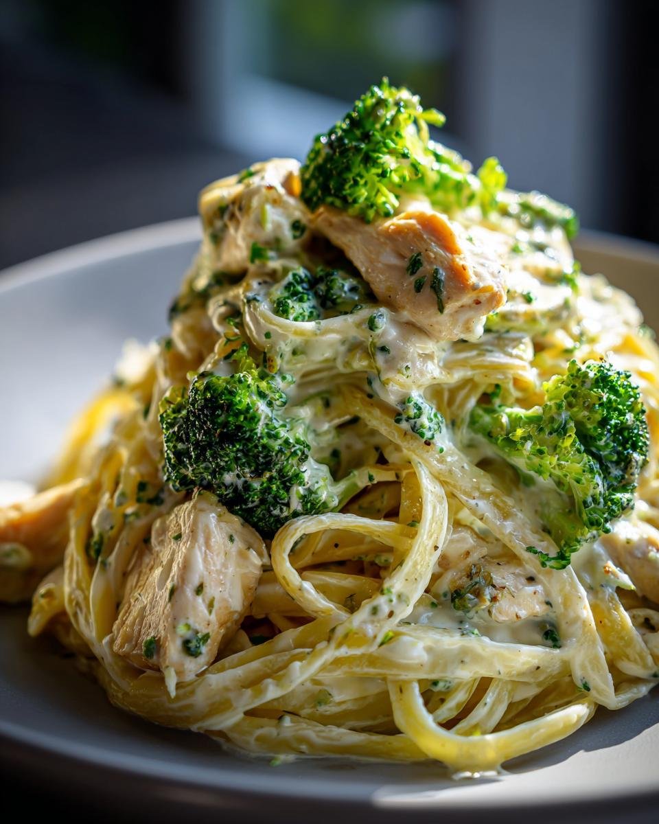 Close-up of fettuccine pasta tossed in creamy sauce with chunks of chicken and bright green broccoli florets, perfect Chicken Alfredo With Broccoli.