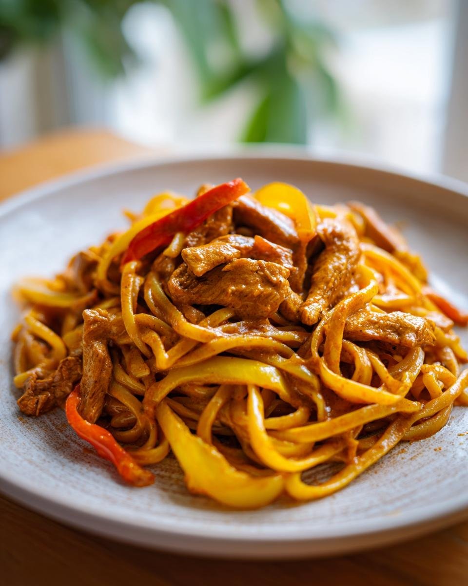 Close-up of creamy Chicken Fajita Pasta featuring strips of seasoned chicken and colorful bell peppers tossed with fettuccine.