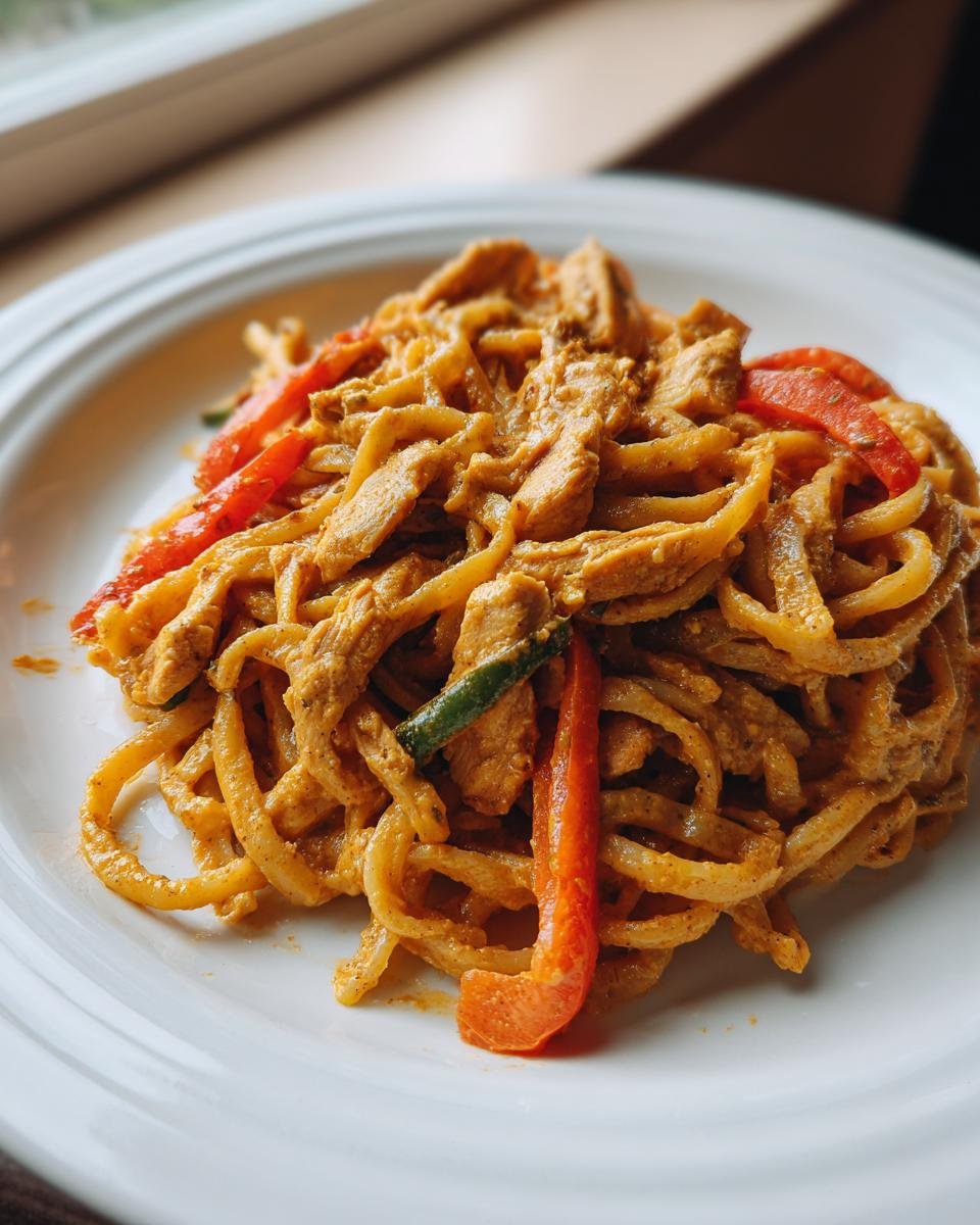 Close-up of creamy Chicken Fajita Pasta featuring sliced chicken, red peppers, and green peppers on a white plate.