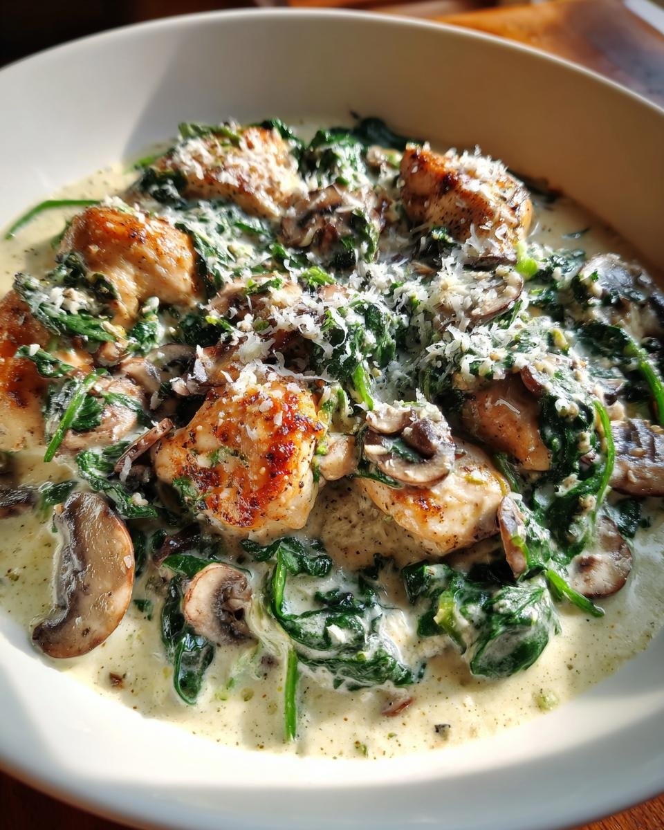 Close-up of seared chicken pieces, mushrooms, and wilted spinach in a rich, creamy sauce, topped with grated cheese, part of the Creamy Chicken Mushroom Spinach Skillet.