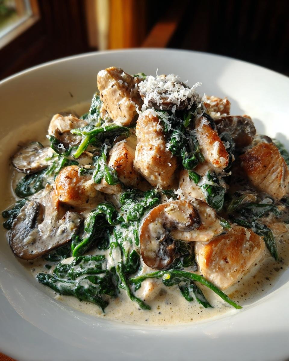 A close-up of a white bowl filled with Creamy Chicken Mushroom Spinach Skillet, topped with grated Parmesan cheese.