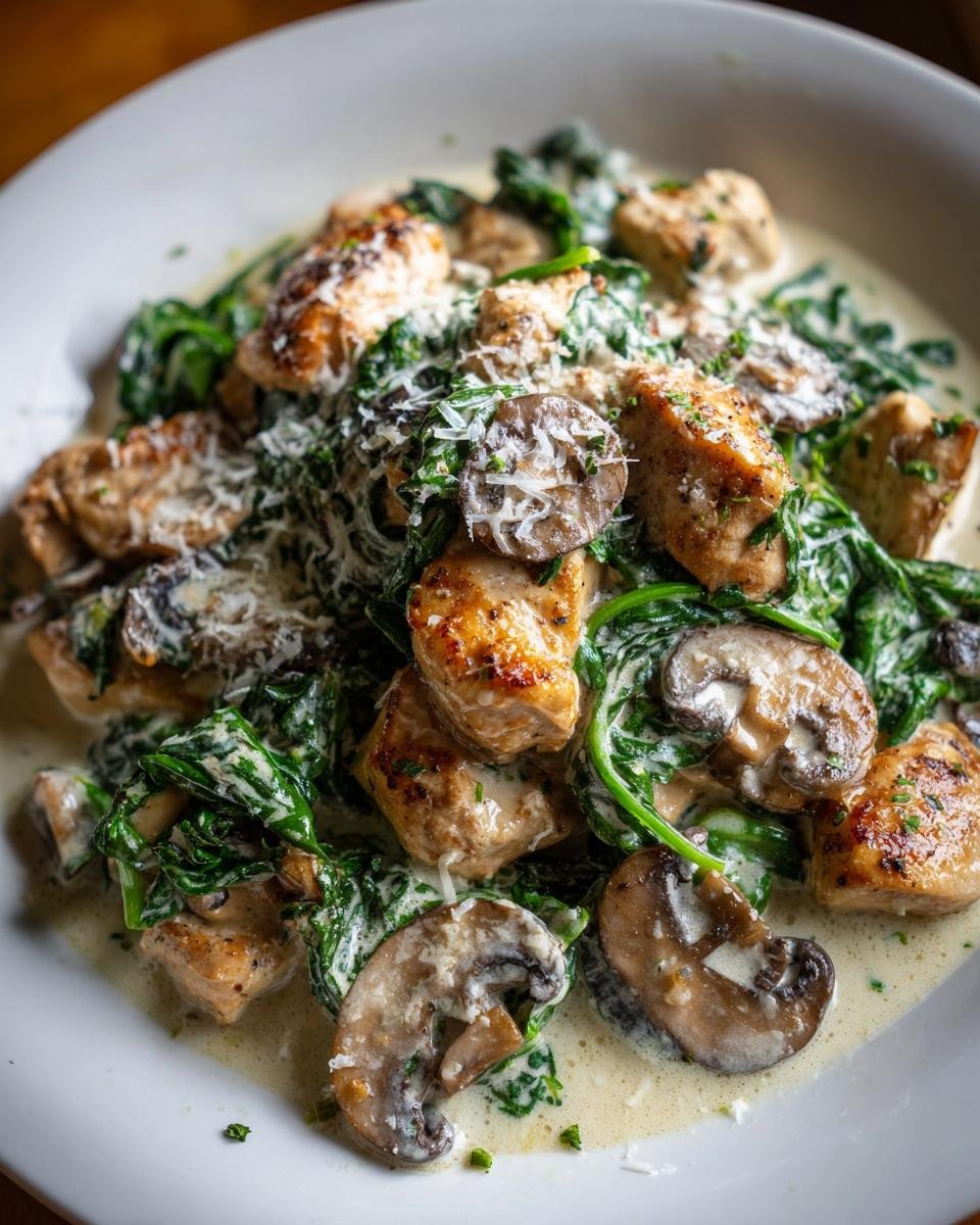 Close-up of seared chicken pieces, mushrooms, and wilted spinach coated in a rich sauce, part of the Creamy Chicken Mushroom Spinach Skillet.