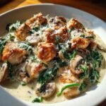 Close-up of seared chicken pieces, mushrooms, and wilted spinach in a rich cream sauce, topped with grated Parmesan cheese in the Creamy Chicken Mushroom Spinach Skillet.