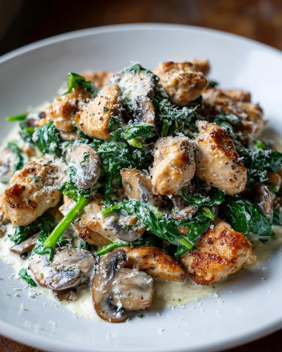A close-up of the finished Creamy Chicken Mushroom Spinach Skillet served in a white bowl, topped with grated Parmesan.