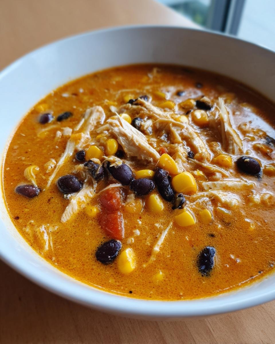 A close-up view of a hearty bowl of Chicken Taco Soup With Cream Cheese, showing shredded chicken, corn, and black beans in a rich orange broth.