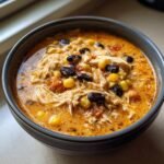 Close-up of a bowl of creamy Chicken Taco Soup With Cream Cheese, featuring shredded chicken, black beans, and corn.