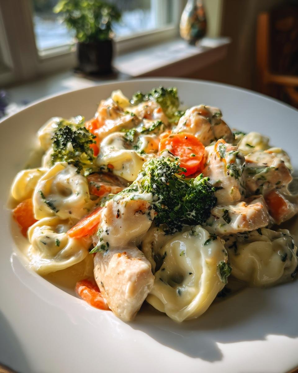 Close-up of Creamy Chicken Tortellini With Veggies coated in a rich white sauce, featuring broccoli and carrots.