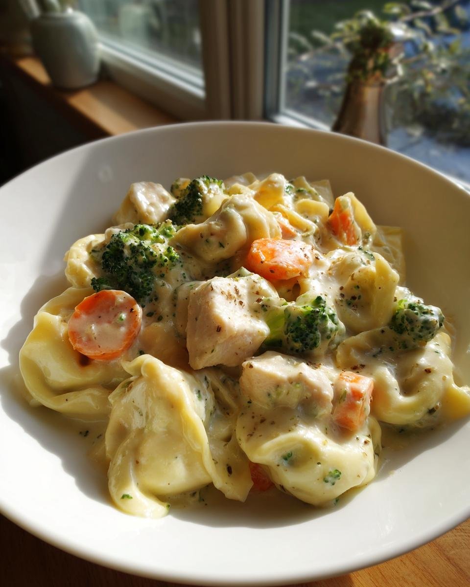 A close-up of Creamy Chicken Tortellini With Veggies in a white bowl, featuring chicken, carrots, and broccoli in a rich sauce.