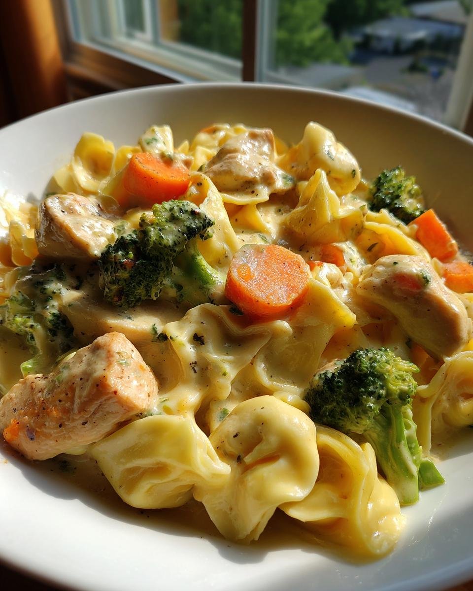 Close-up of a white bowl filled with Creamy Chicken Tortellini With Veggies, featuring tortellini, chicken chunks, carrots, and broccoli.