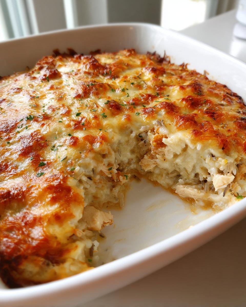 A scoop removed from a baked Creamy Chicken Wild Rice Casserole showing a golden, bubbly cheese crust.