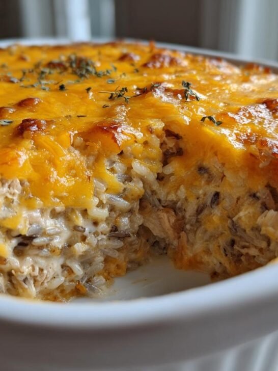Close-up of a freshly baked Creamy Chicken Wild Rice Casserole with a bubbly, melted cheddar cheese topping.