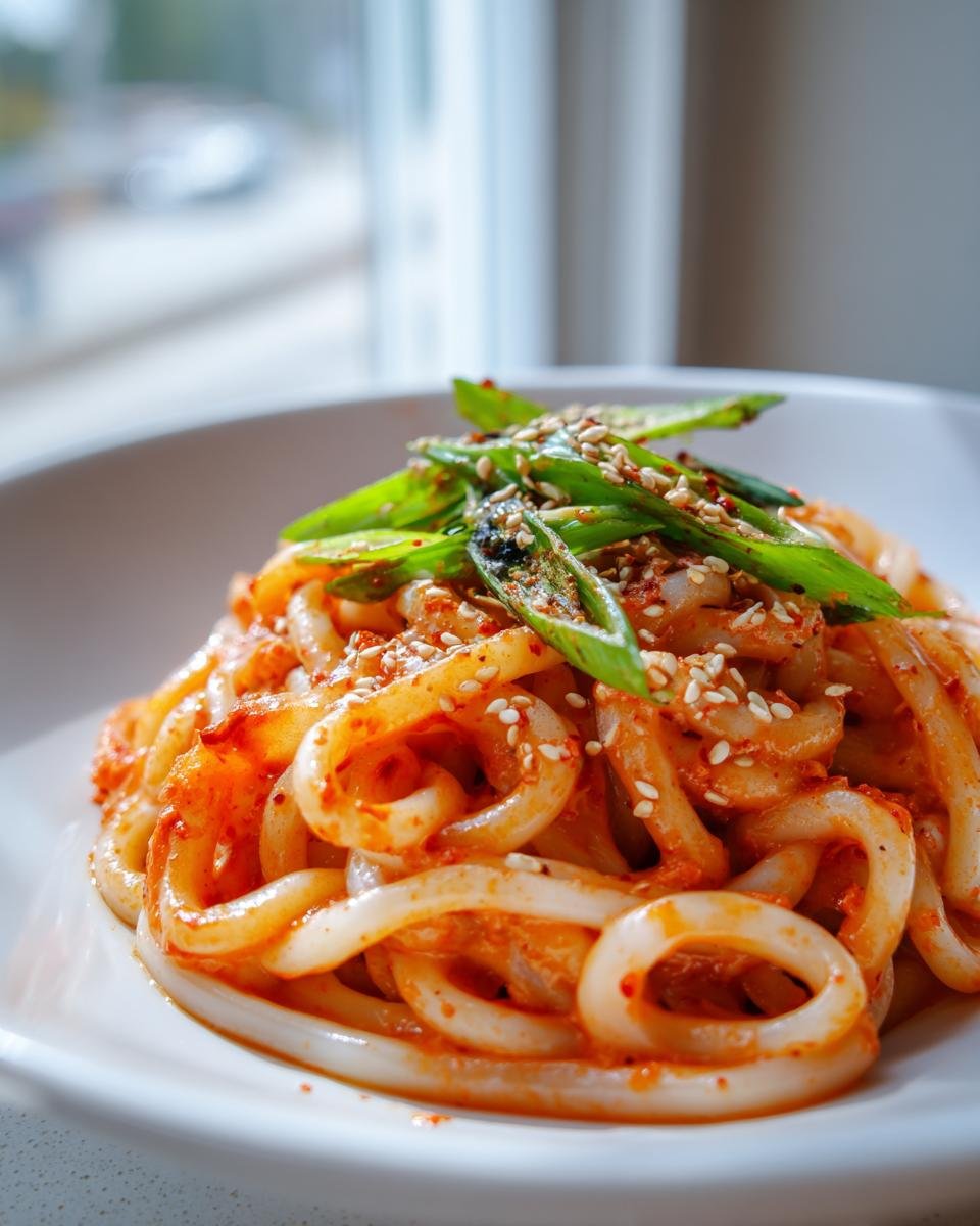 A close-up of thick, white udon noodles coated in a vibrant orange-red creamy Gochujang sauce, topped with sliced green onions and sesame seeds.