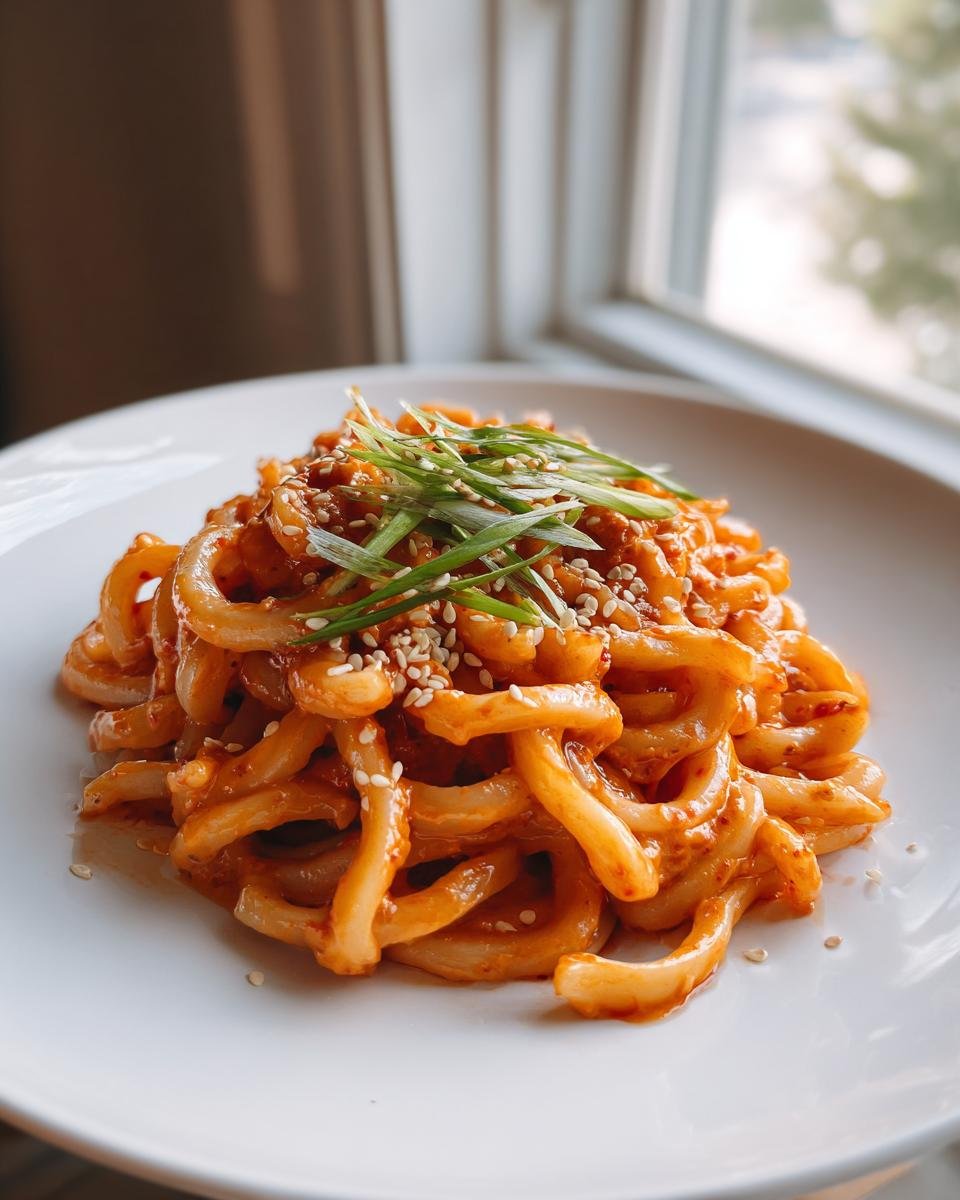 A close-up of thick, saucy Creamy Gochujang Udon Noodles topped with sesame seeds and sliced green onions.