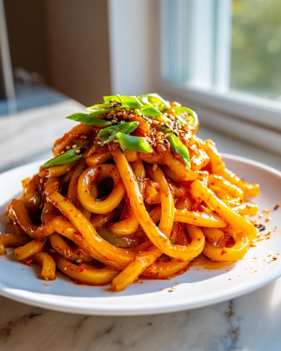 A vibrant mound of Creamy Gochujang Udon Noodles coated in a spicy sauce, topped with sliced green onions and sesame seeds.