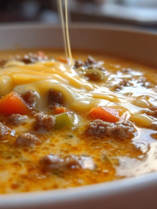 Close-up of a bowl of Creamy Hearty Cheeseburger Soup with ground beef, vegetables, and melted cheese dripping into the broth.