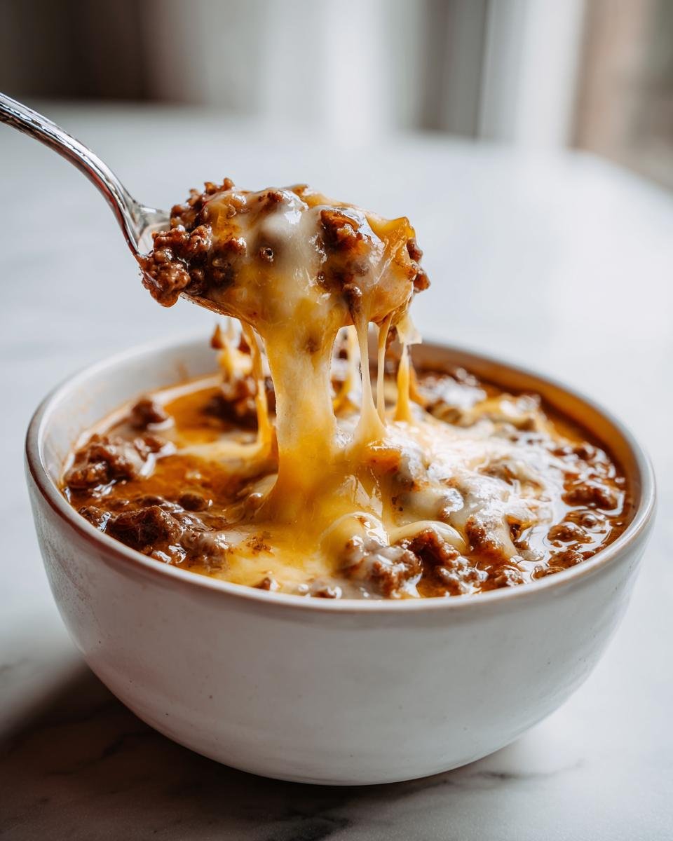 A spoonful of Creamy Hearty Cheeseburger Soup showing a dramatic cheese pull over the bowl.