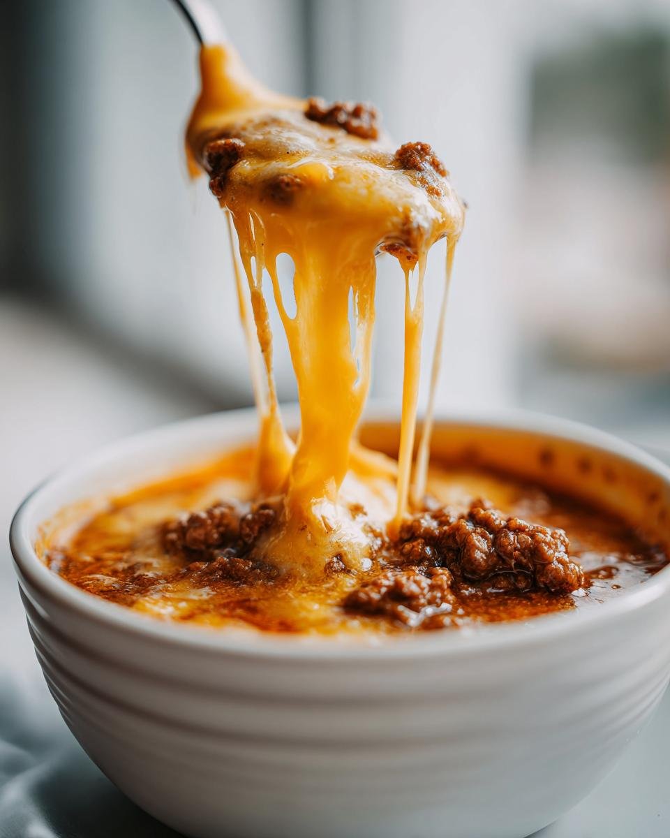 A spoonful of Creamy Hearty Cheeseburger Soup showing a dramatic, long cheese pull with ground beef.