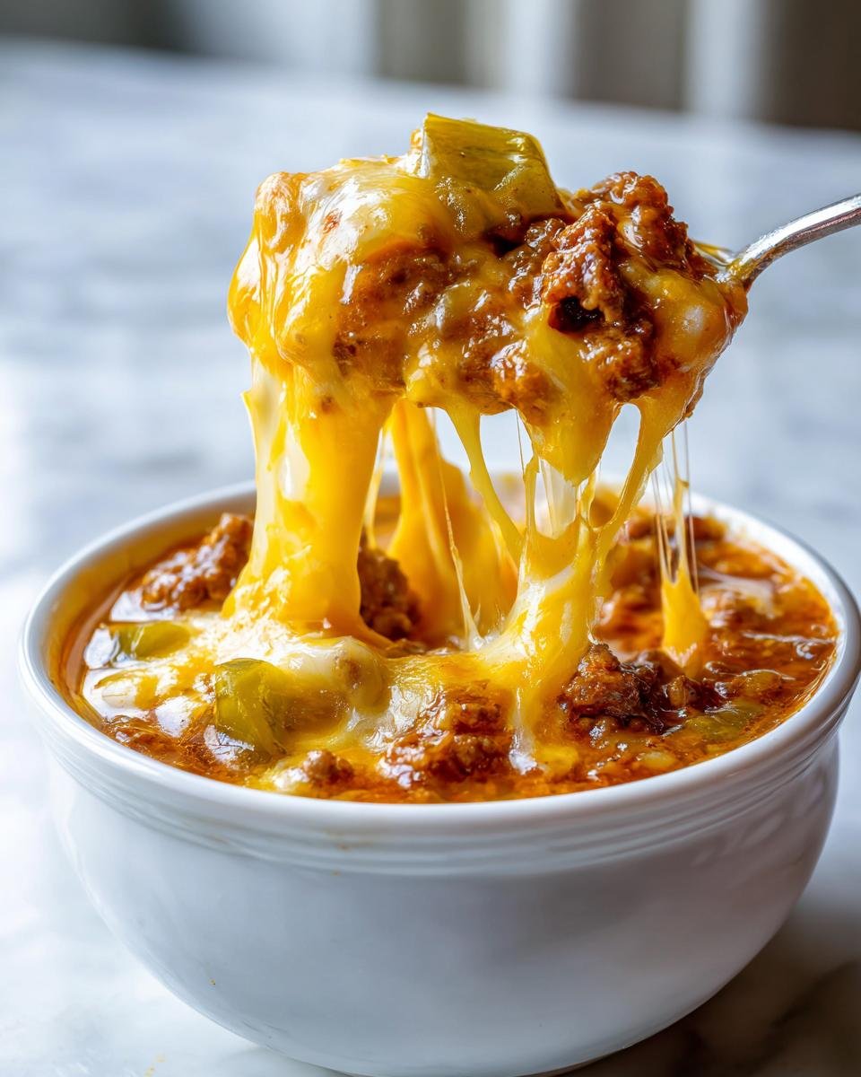 A spoonful of Creamy Hearty Cheeseburger Soup showing extreme cheese pull over ground beef and peppers.