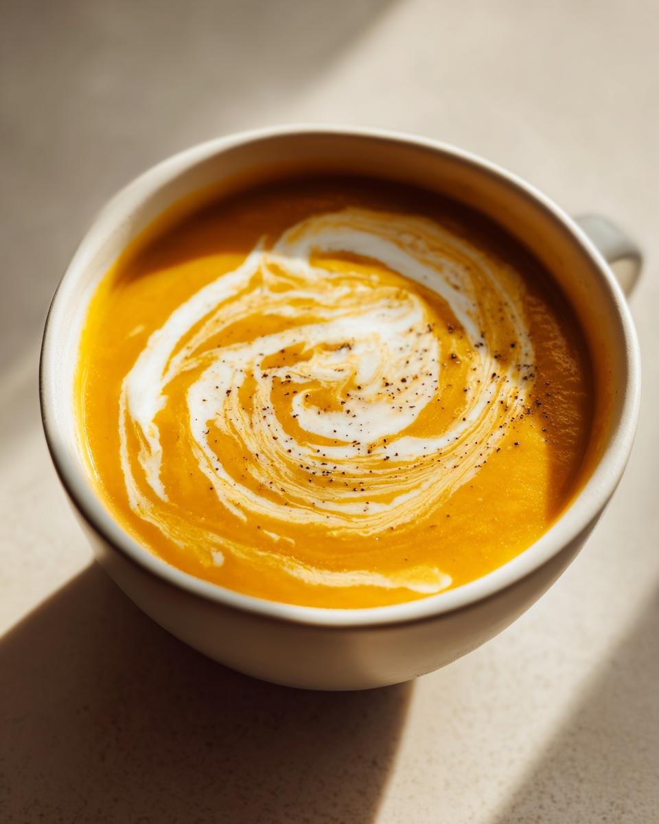 Close-up of vibrant orange Creamy Honey Roasted Acorn Squash Soup swirled with cream and topped with black pepper.