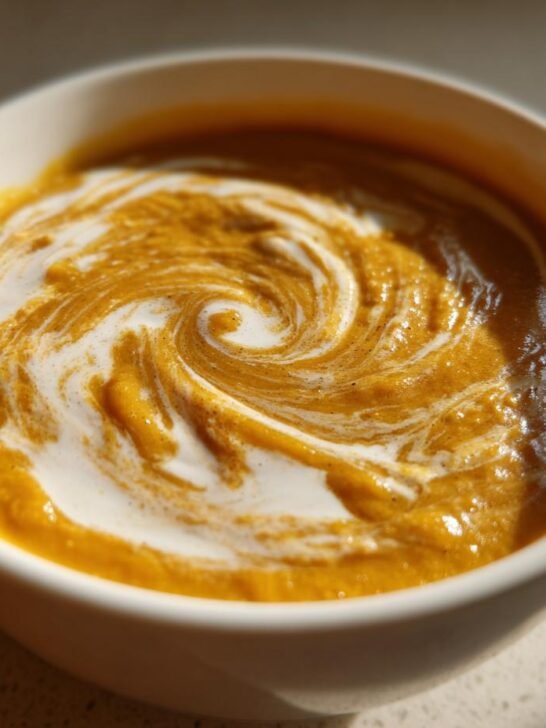Close-up of rich orange Creamy Honey Roasted Acorn Squash Soup topped with a swirl of white cream.