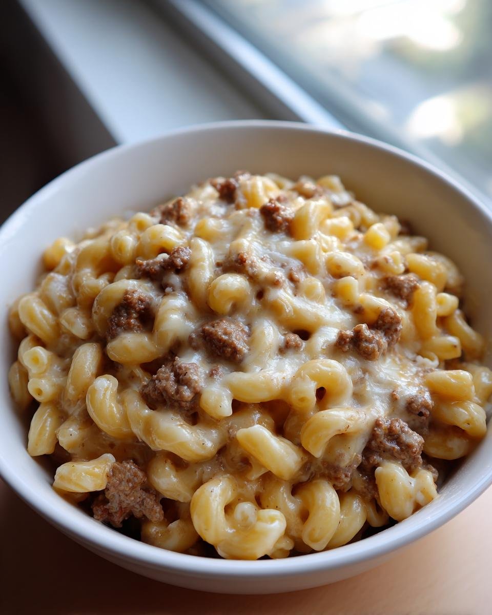 Close-up of a white bowl filled with creamy Loaded Cheeseburger Pasta featuring macaroni, ground beef, and melted cheese.
