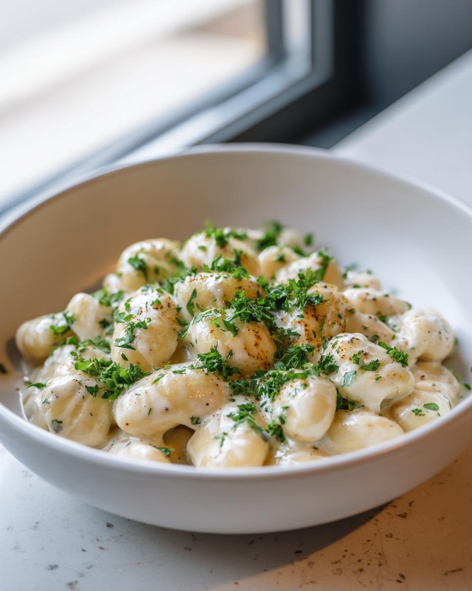 A white bowl filled with Creamy Miso Butter Beans coated in a rich sauce and topped with fresh parsley.