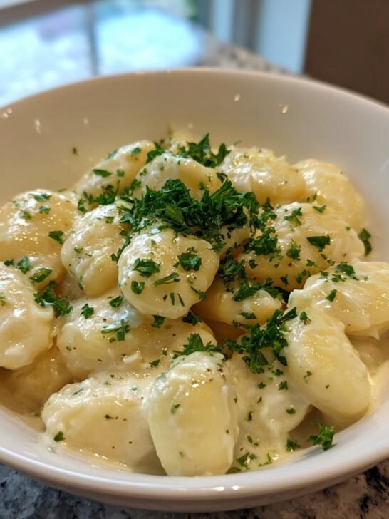 A white bowl filled with Creamy Miso Butter Beans coated in a rich sauce and topped with fresh parsley.