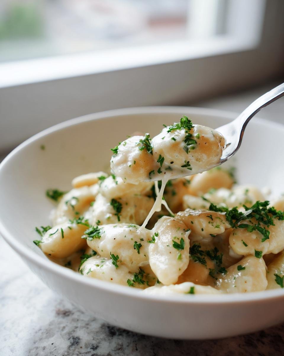 A spoonful of creamy miso butter beans coated in sauce and topped with fresh parsley being lifted from a white bowl.