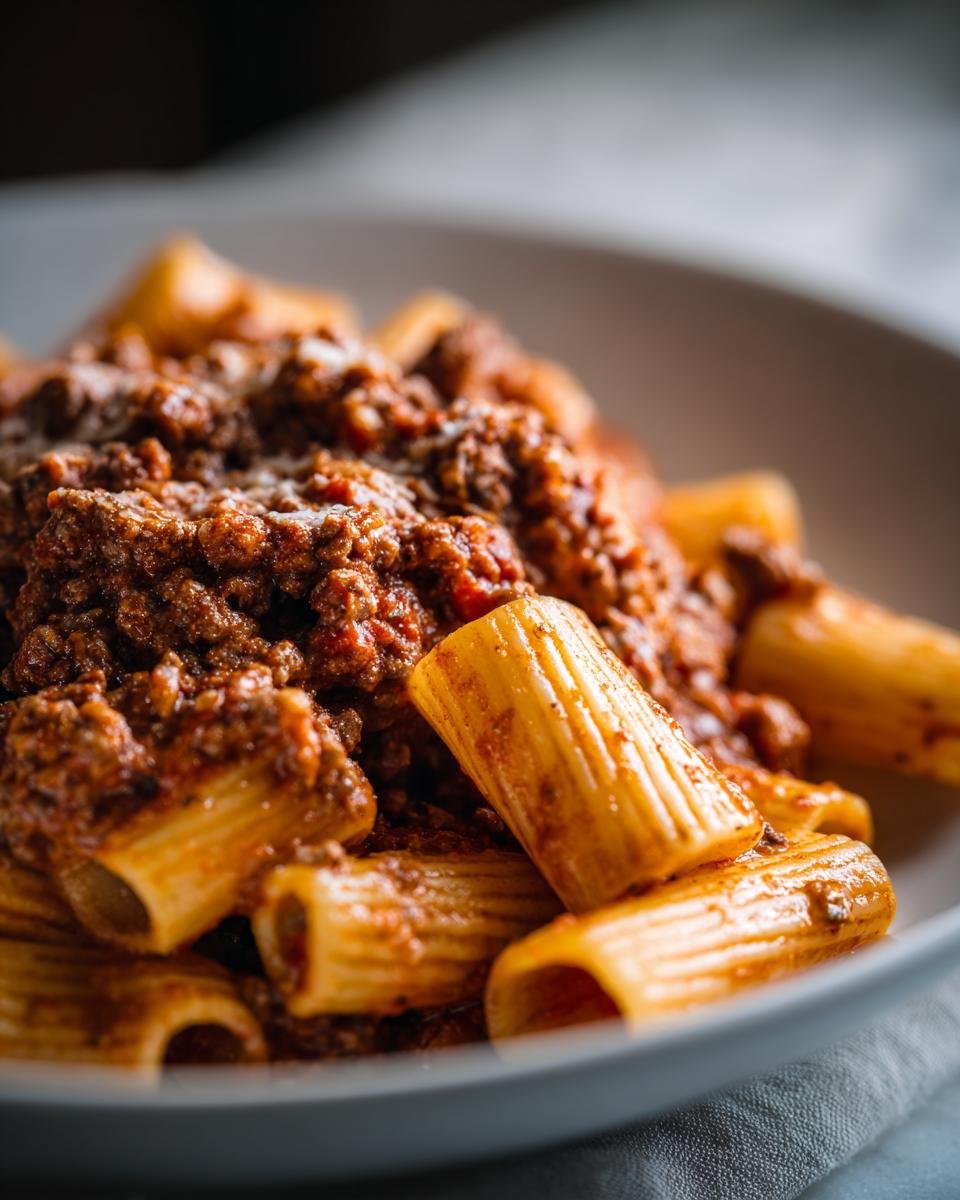 Close-up of rigatoni pasta generously topped with rich meat sauce in a bowl, representing Creamy Parmesan Beef With Rigatoni Pasta.