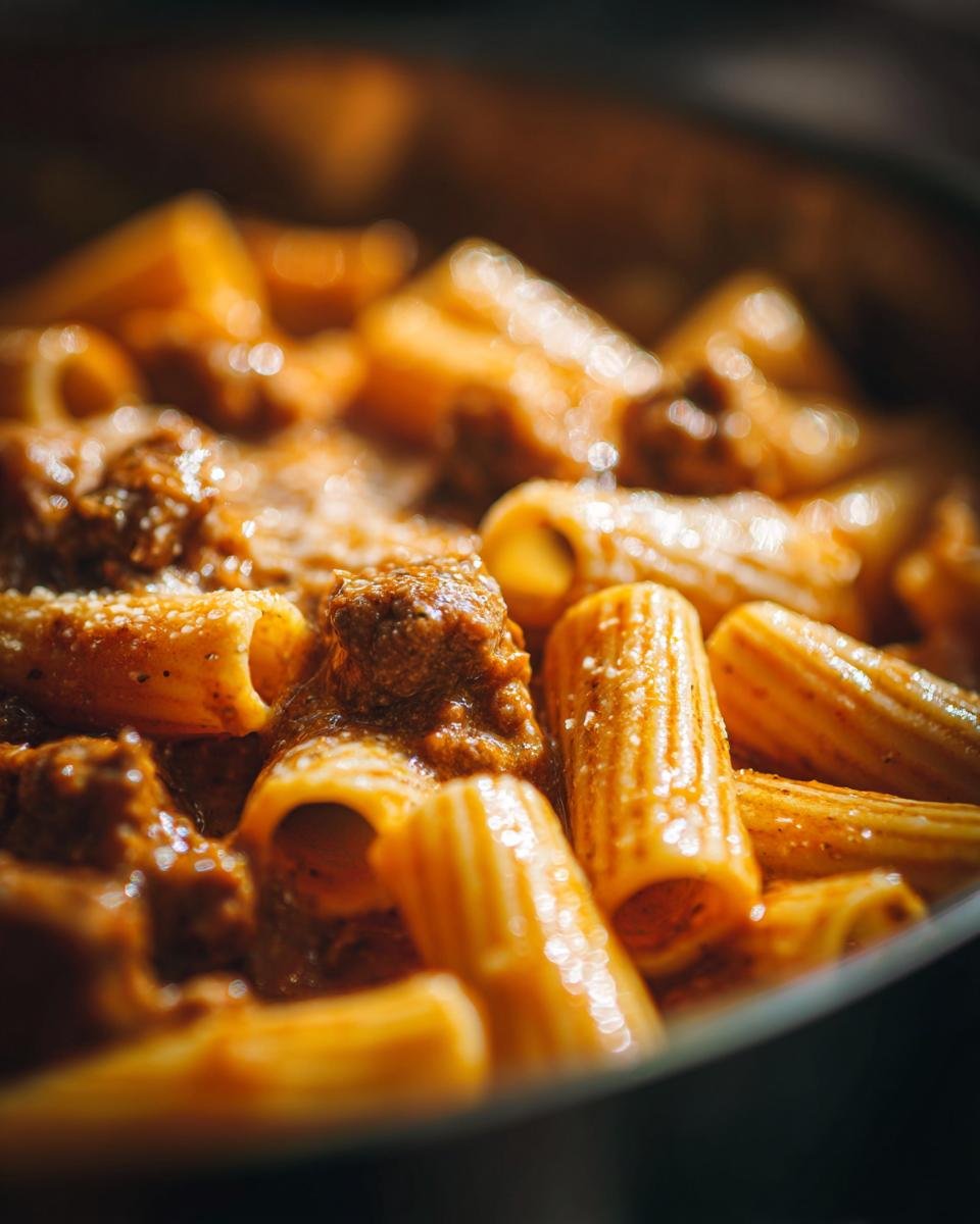 A close-up, richly lit photo of rigatoni pasta coated in a thick sauce with ground beef, part of the Creamy Parmesan Beef With Rigatoni Pasta.